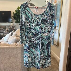 Lilly Pulitzer Blue and Black Sheath Dress with 3/4 Sleeves